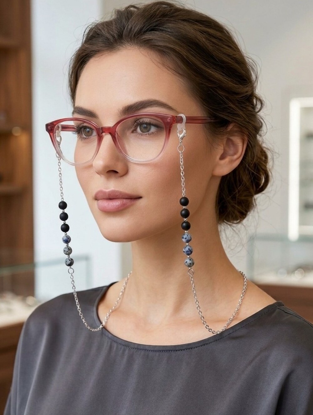 Handcrafted Himalayan K2 Granite And Black Glass Bead Eyeglass Chain